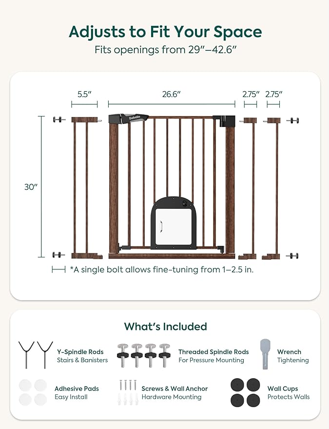 Babelio CatPrivilege ??Baby Gate with Cat Door, 29"-43" Adjustable Black Wood Pattern Pet Door, 30" Tall Pressure Mounted Safety Gate for Stairs & Doorways, Auto Close,Wall Protectors Included