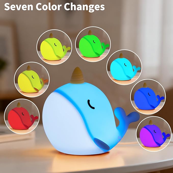 Narwhal Night Light, USB-C Rechargeable Silicone Lamp with Tap Control, 3-Level Dimming & 30-Min Auto Timer, 7-Color Changing Squishy Nursery Light, Birthday Gift for Kids