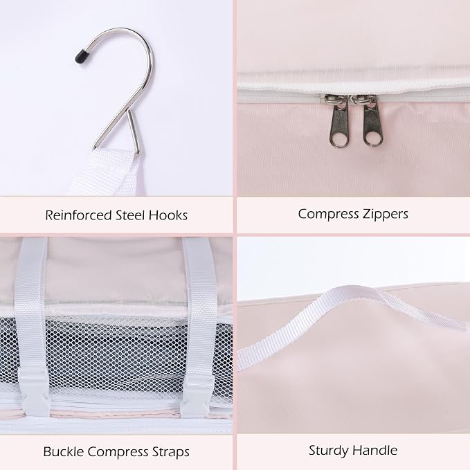 Surblue Hanging Shelves Travel Storage Bag Compression Packing Cube for Suitcase Portable Closet Organizer Collapsible with Extension Layer Large Capacity,Pink,XXL