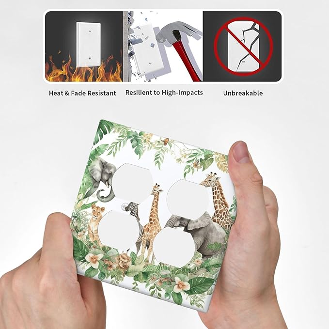 Tropical Leves Safari Animals Giraffe Elephant Zoo Outlet Covers 2 Gang Double Duplex Decorative Light Switch Covers Electrical Wallplates Socket Faceplate for Kids Room Nursery Decor