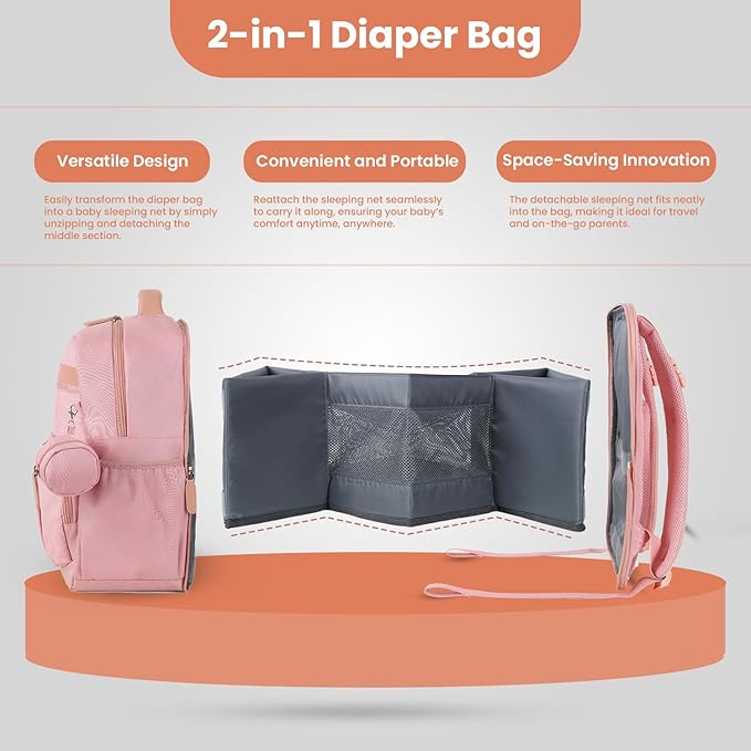 Baby Diaper Bag Backpack with Changing Station, 28Liters Capacity Nylon Baby Registry Mom Bags, Travel Friendly Unisex Bag, Essential Bag with Insulated Pockets, Pink
