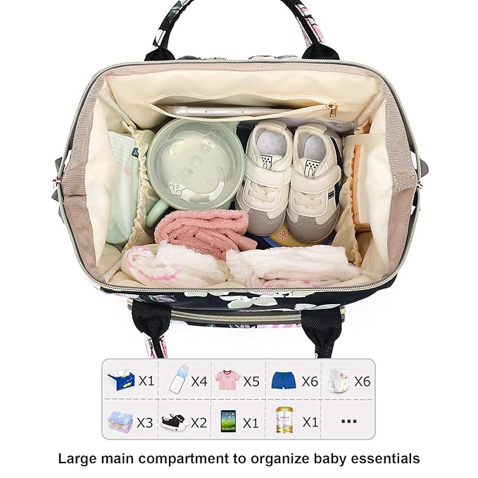 Floral Diaper Bag Backpack for Baby Girls, Mom Waterproof Large Nappy Bags for Women (Flowers)