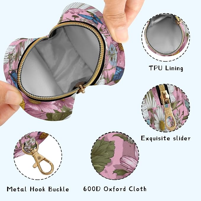 Pacifier Holder with Clip Pacifier Case for Diaper Bag Round Baby Pacifier Pouch Box Bag Portable Daisy Butterfly Pink Retro