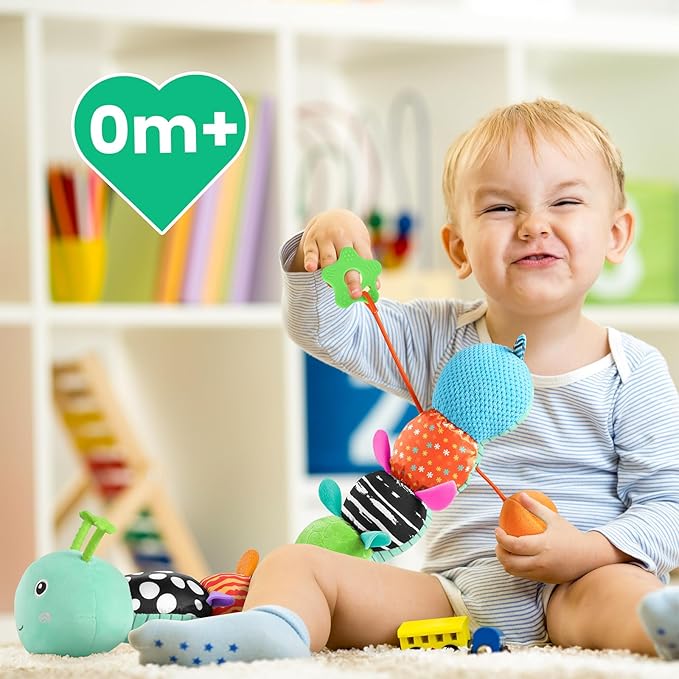 Sumobaby Baby Toys 0-6 6-12 Months, Music Caterpillar Plush Toy with Baby Mirror, Pull String&Crinkle Rattle,Infant Teething Toys,Tummy Time for 0-3-6-12 Month Boys Girls Newborn Gifts (Blue-Leaf)