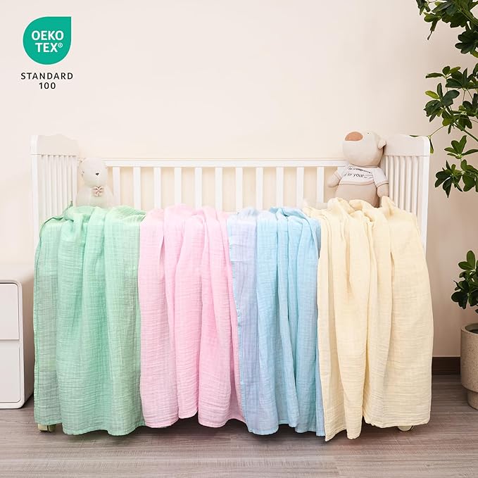david's kids 4 Pack Baby Muslin Swaddle Blankets 47" x 47", 100% Cotton Swaddling Blankets Wrap for Boys Girls, Ultra Soft Breathable Receiving Blanket, New Born Essentials, Green&Pink&Blue&Beige