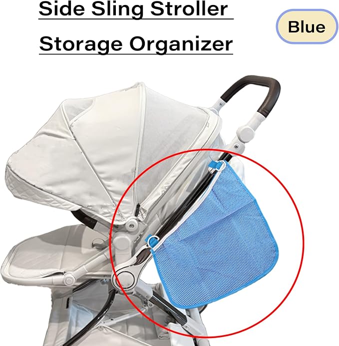 LiXiongBao 2 Pcs Side Sling Stroller Cargo Net,Universal Stroller Organizer Attachment Bag for Storage,Non-Slip and Adjustable Straps Portable Side Sling Storage Mesh Organizer(Blue)