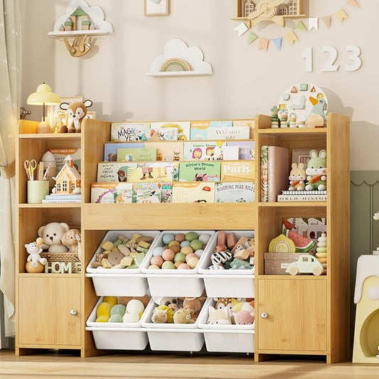 FINETONES Toy Storage Organizer with 6 Toy Bins, Toy Organizer Kids Bookshelf with 6 Cubbies, Toy Organizers and Storage Bins, Playroom Storage and Toy Chest, Natural