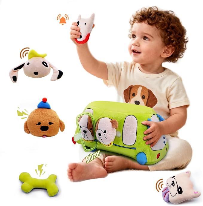 BizyKoady Baby Toys 6-12 Months - Sensory Toys Bus with Stuffed Puppies, Rattle, Crinkle Paper, Mirror & Squeaker, Montessori Toys for 6 Month Old Babies, Sensory Balls Toddlers 1-3