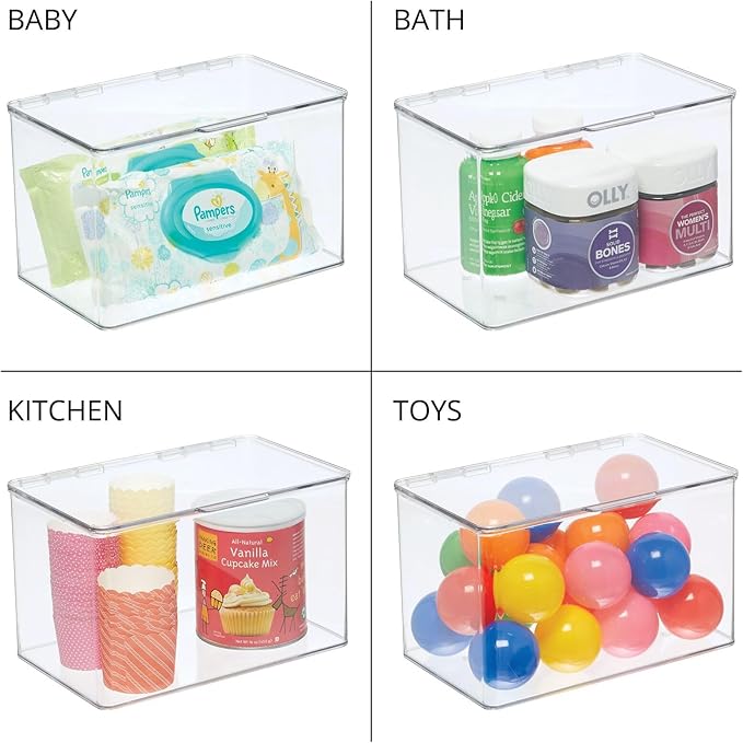 mDesign Set of 2 Storage Boxes with Lids ??Stackable Plastic Storage Boxes for Nursery ??Practical Plastic Toy Box Set ??Clear