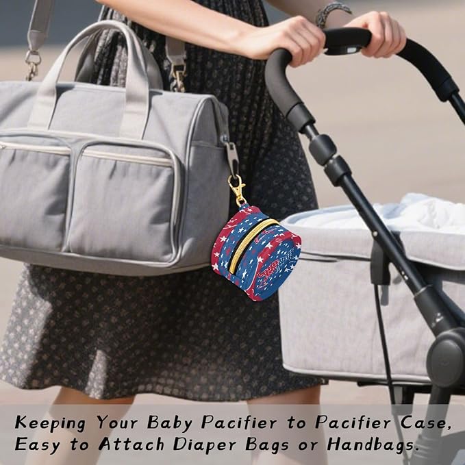 Pacifier Holder with Clip Pacifier Case for Diaper Bag Round Baby Pacifier Pouch Box Bag Portable July 4th T-rex and Us Flag Stars