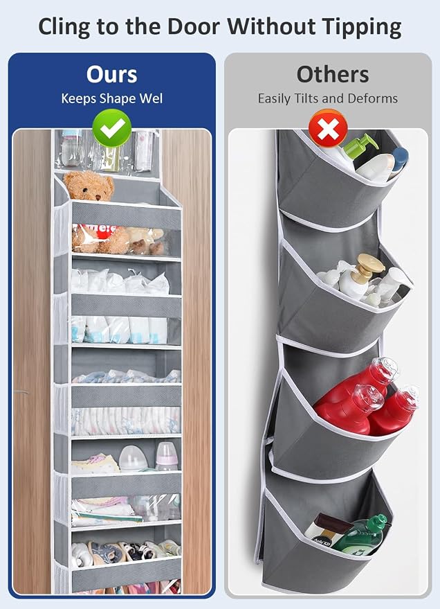 Over the Door Organizer Hanging Storage with 3 Clear Slip Pockets and 5 Large Pockets for Closet Door Organization - Heavy Duty for Bathroom, Pantry, Bedroom, Nursery