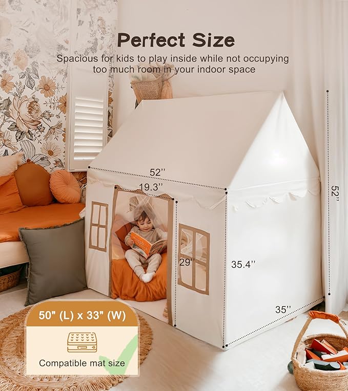 Play Tent with Mat, Star Light, Large Kids Playhouse with Windows Easy to Wash, Indoor and Outdoor Play Tents for Kids, Little Dove Toys for Girls, Boys, 52x35x52 (Beige Playhouse, Large Size)