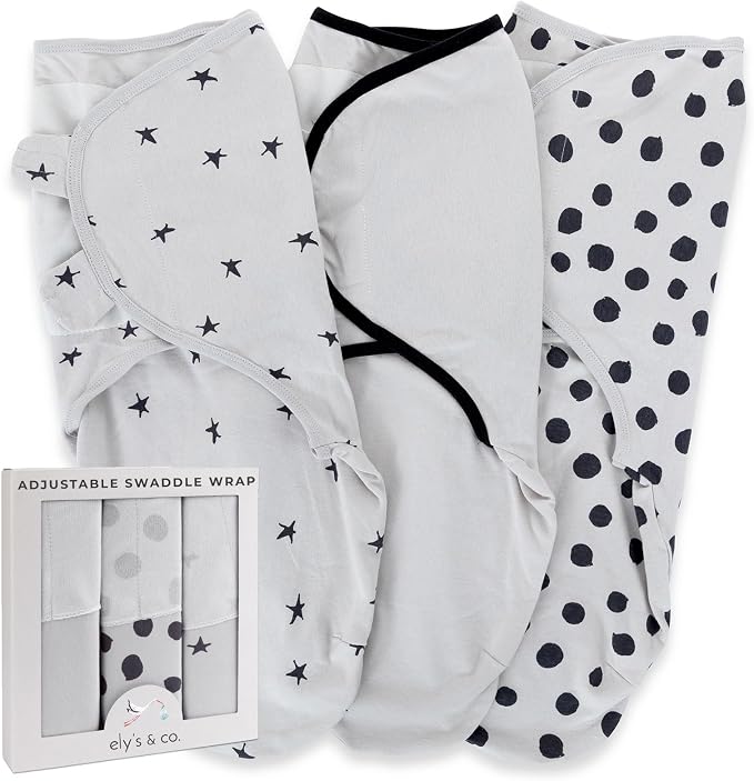 Ely's & Co. Adjustable Swaddle Blanket Infant Baby Wrap Set 3 Pack Grey and Black 0-3 Months