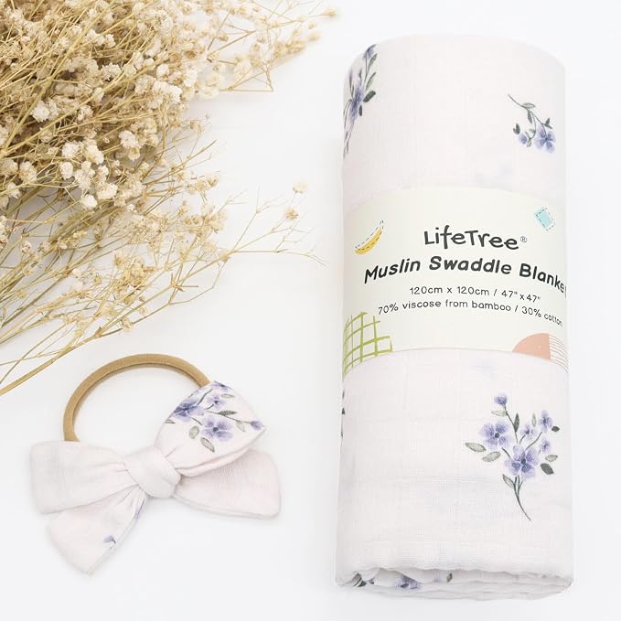 LifeTree Baby Muslin Swaddle Blankets for Boys & Girls, Newborn Swaddle Set with Matching Headband Bow, Infant Blanket Wrap, 47 x 47 inches, Purple Flower, 70% Viscose from Bamboo and 30% Cotton