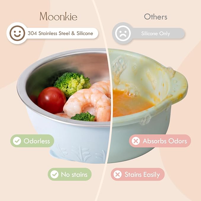 Moonkie Baby Suction Bowls for Self-Feeding: 3 Strong Suction Bases Prevent Spills - Seamless One-Piece Design for Easy Cleanup - Stainless Steel & Silicone Toddler Bowls with Lids - 13 oz 2 Pack