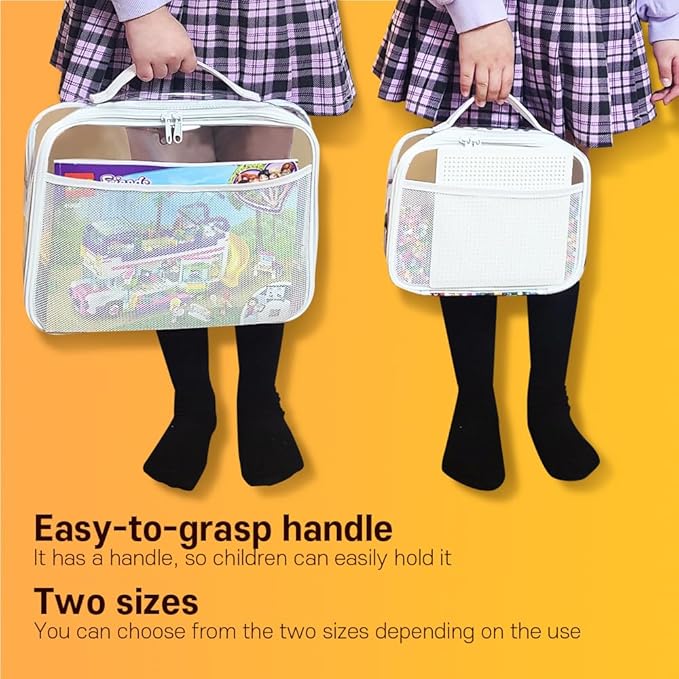 holay 4 Packs PVC Toy Storage Organizer with Zipper, Name Tag & Manual Pocket, Clear Durable Case for Blocks, Clay, Board Games, Travel (White, Small, Large)