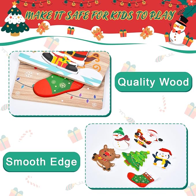 6 Pack Christmas Wooden Puzzles for Kids Christmas Stocking Stuffers for Toddlers 1-3 2-4 Toddler Toys Party Favors Gifts