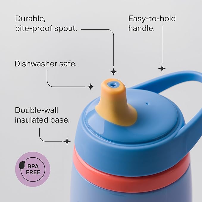 Tommee Tippee Active Spout Toddler Cups, 9 oz, Insulated Sippy Cups For Toddlers 1-3, Silicone Spout, Leak-Proof Valve and Handle, Orange and Blue, Pack of 2