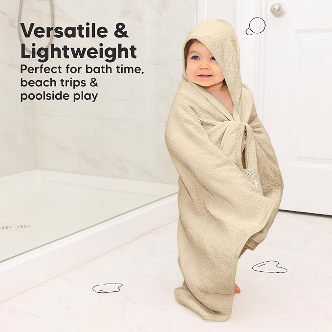 KeaBabies 2-Pack Muslin Baby Bath Towels with Hood for Girls, Boys and Baby Hair Brush - 100% Cotton Hooded Bath Towel, Soft & Absorbent for Toddlers, Baby Brush with Soft Goat Bristles