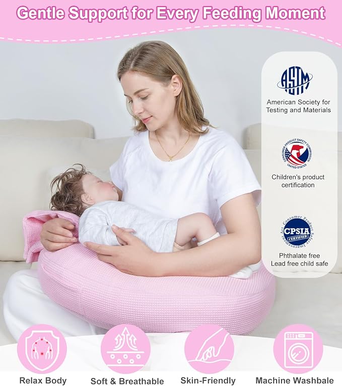 Nursing Pillow for Breastfeeding Bottle Feeding, Ergonomic Baby Feeding Support Pillow, Tummy Time Sitting Support, Washable Cover, 16 CFR 1242 Compliant