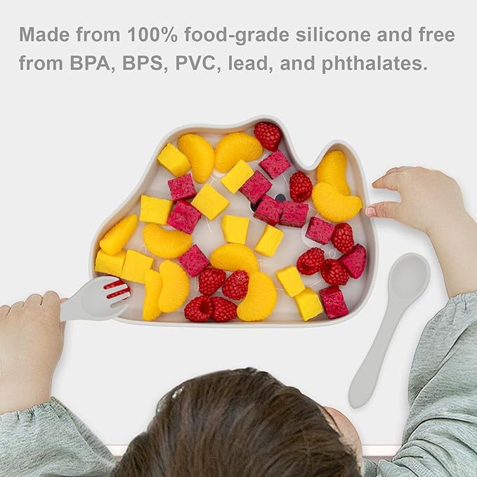 BabyX Baby Silicone Feeder Set, 3-pcs Safari Wildlife-themed Baby Plate with Suction, Spoon and Fork for Babies Toddler Kids, BPA-Free, Baby Utensils Feeding Supplies, Microwave and Dishwasher Safe