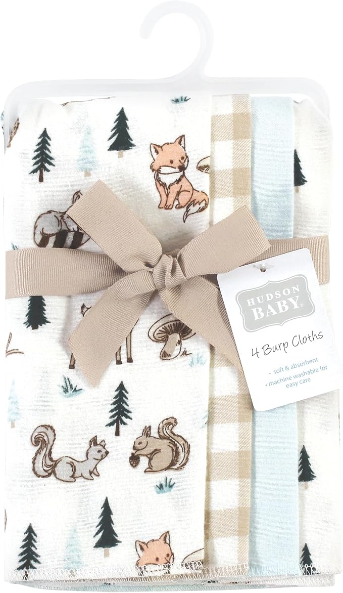 Hudson Baby Cotton Poly Flannel Burp Cloths Multipack, Boy Woodland Pals 8-Pack, One Size