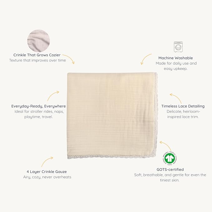 MakeMake Organics GOTS Certified Organic Cotton Muslin Soft Breathable Lightweight Swaddle and Comfort Organic Baby Blanket for Toddler Baby Boys and Girls - Oat, 30" x 40"