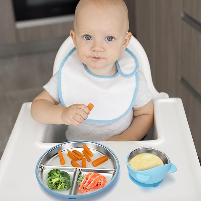 MISSLILI Stainless Steel Baby Plate and Bowls with Suction, Divided Kids Baby Plate and Toddler Bowl with Removable Silicone Suction, Non-Slip Baby Feeding Set Dishwasher Safeï¼? Packs