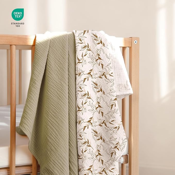 lulumoon Muslin Swaddle Blankets for Baby: Cotton & Soft Receiving Blanket for Newborn with Branche Printed- Neutral Gift for Baby Shower 2pack(Olive Branche)