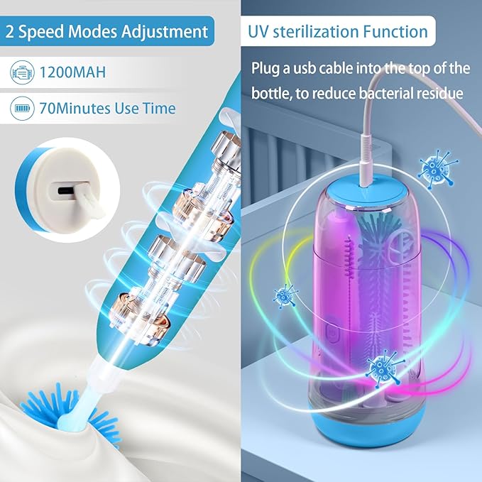 Electric Bottle Brush Cleaner, Portable Rechargeable Baby Bottle Cleaner Kit for Travel with Silicone Nipple & Straw Brush, Drainage Rack, Storage Box(Sky Blue)
