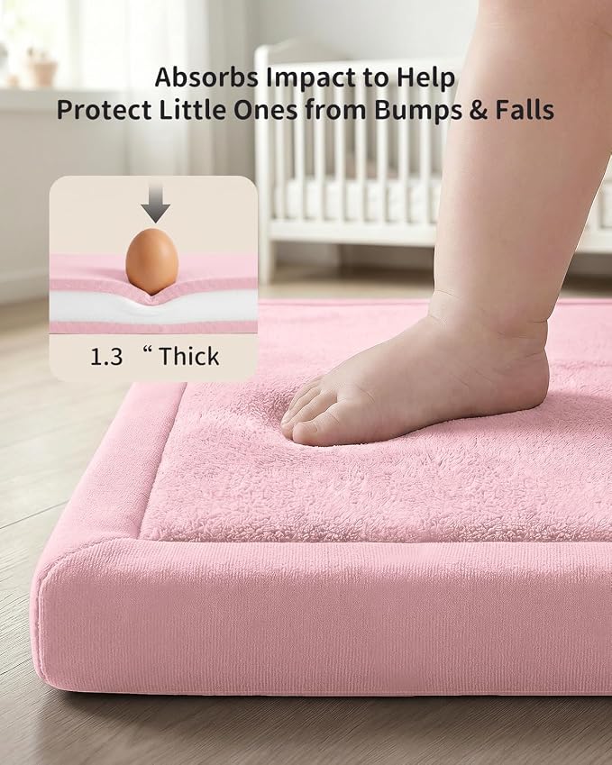Goyuu Ultra Soft 1.3" Thick Baby Play Mat for Floor, 79x59 Playpen Mat Elasti-Foam Padded Crawling Mat for Babies, Toddlers, Infant, Kids, Non-Slip Backing Safe for Tummy Time Pink