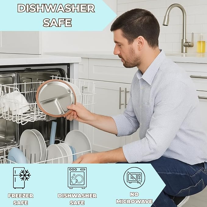 Stainless Steel Baby & Toddler Plate with Suction, Set of 2 Divided Plates with Removable Silicone Sleeves, Non Toxic BPA Free Non-Slip Unbreakable Kids Dishes (Butter Yellow & Baby Blue)