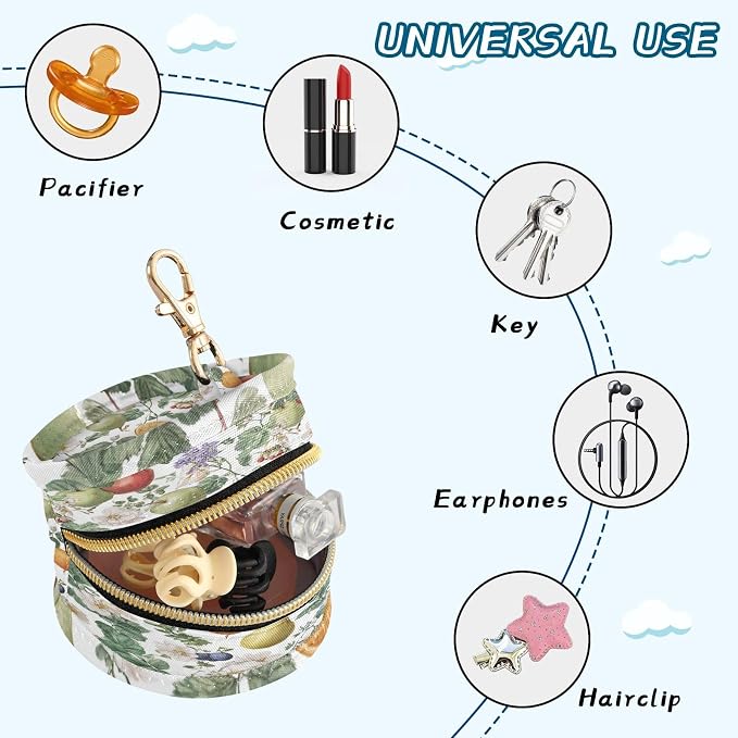 Pacifier Holder with Clip Pacifier Case for Diaper Bag Round Baby Pacifier Pouch Box Bag Portable Apples Lemon Flowers White