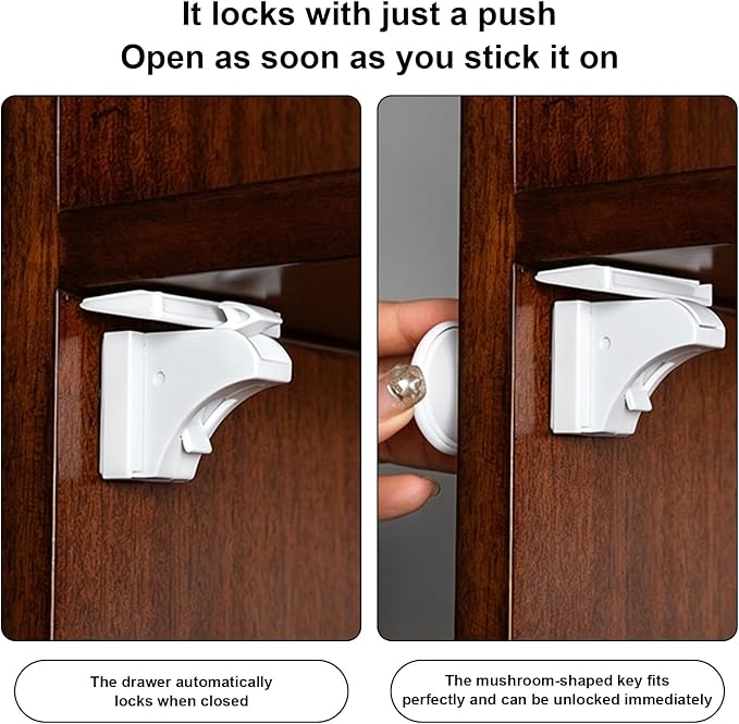 Magnetic Cabinet Locks, 2 Pack Proofing Drawer Locks with 1 Key, No Drilling Invisible Child Safety Locks for Cabinets Drawers Cupboards, Strong Adhesive Easy Installation (2 Locks+1 key)