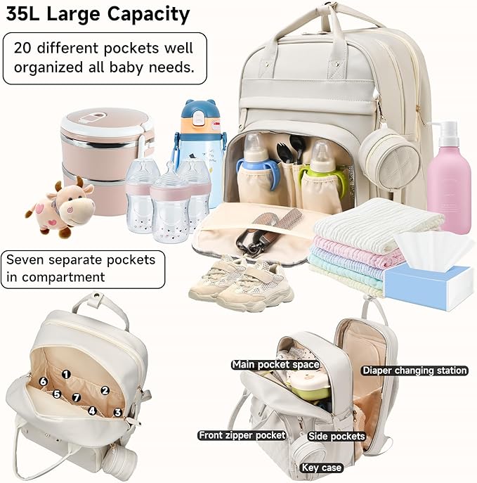 Leather Diaper Bags with Changing Station，Baby Bag，Large Capacity Diaper Bag Backpack for Moms Dads,Waterproof Diaper Backpack（Beige）
