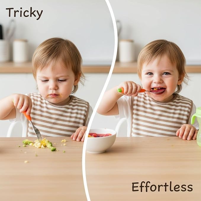 2 Pcs Little One Utensils Set, Carrot Design, 304 Stainless Steel Fork and Spoon, Food-Safe Silicone Handle, Little One Size for Self-Feeding Training