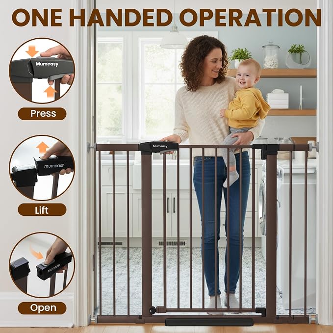 Mumeasy 36" Extra Tall Dog Gate, Auto Close Baby Gate for Stairs Doorways, 29.7-46" Wide Walk Thru Child Safety Gate for House, Easy Install Pressure Mounted Metal Pet Gate with Door, Brown