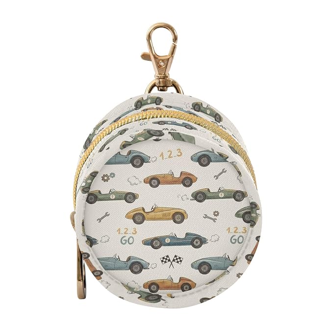 Cartoon Race Car Beige Print Pacifier Holder Case for Diaper Bag Portable Travel Pacifier Storage Case with Clip Pacifier Case Bag for Baby Boys Girls Outdoor Purse