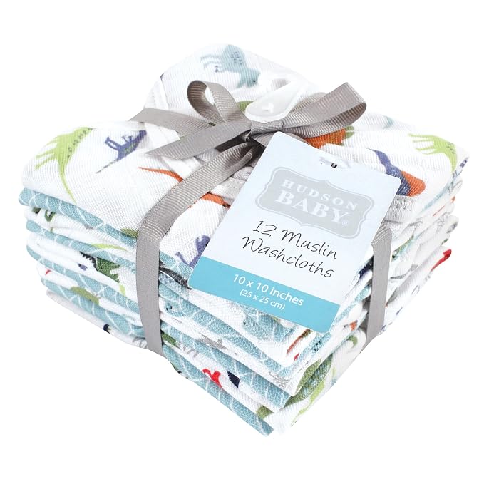 Hudson Baby Unisex Baby Cotton Muslin Washcloths, Dino, 10x10 in