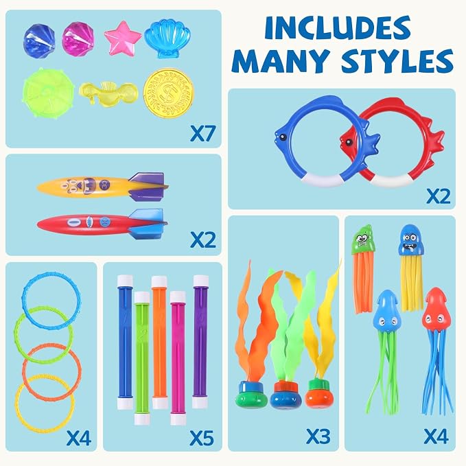 32 Packs Summer Pool Diving Swimming Essentials Water Toys for Kids, Fun Swim Games Sinking Set, Underwater Dive Easter Day Gifts with Storage Bag Include Torpedo Gems Shark Rings Sea Animals