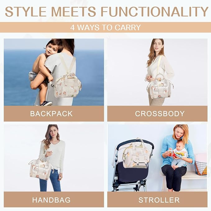 Small Diaper Bag Crossbody, Convertible 4 in 1 Compact Baby Bag for Mom, Mini Travel Mommy Tote w/Shoulder for Stroller,Toddler Daiper Backpack with Insulated Pockets (Off White Animal)