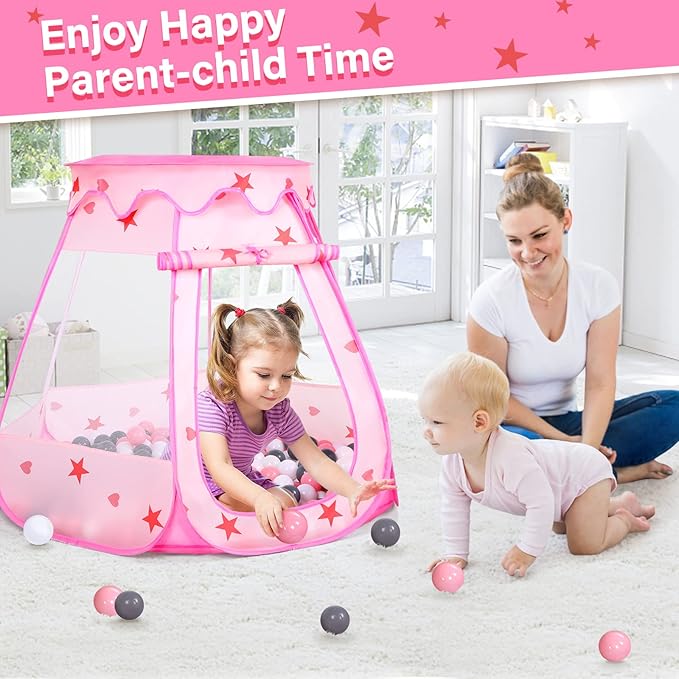 Baby Ball Pit for Toddler with 50 Balls, Kids Pop Up Play Tent for Girls, Princess Toys for Children Indoor & Outdoor Playhouse with Carry Bag (Pink: Pink/White/Gray, 109x90cm/50 Balls)