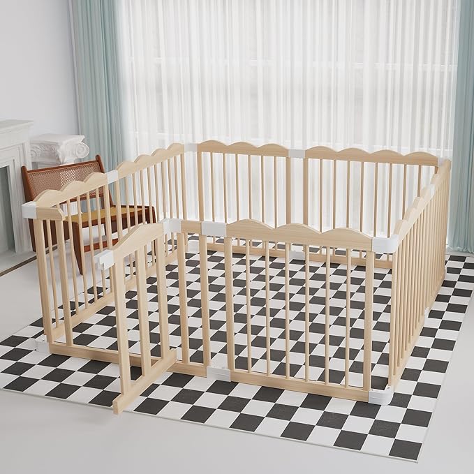 Baby Playpen, Wooden Playpen for Babies and Toddlers, Large Adjustable Wooden Baby Playard with Locking Gate, Easy to Assemble, Portable Play Pen, Infant Play Pen Play Area(47x62x24 Inch)