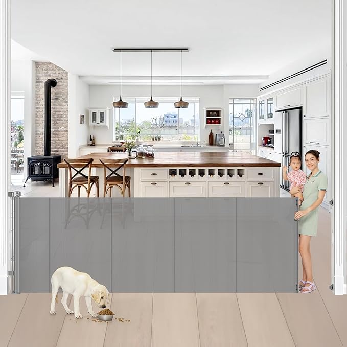 Reinforced 42??Tall x 100??Wide Retractable Baby Gates Extra Tall Dog Gate with Rods to Prevent Crawling Through, Pet Gate for Large Openings Extra Wide Mesh Baby Gate for Stairs, Gray