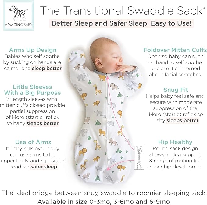 Amazing Baby Transitional Swaddle Sack, Arms Up Half-Length Sleeves & Mitten Cuffs, Swaddle for Newborn Transition to Baby Sleep Sack Wearable Blanket, Small, 0-3 Month, 6-14 lb, On Safari