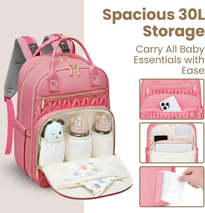 Jubily Diaper Bag Backpack, 30L Travel Backpack for Women, Waterproof Bag with 5 Compartments, 20 Pockets, Laptop & iPad Slots, Portable Changing Pad, Baby Essentials Organizer (Pink)