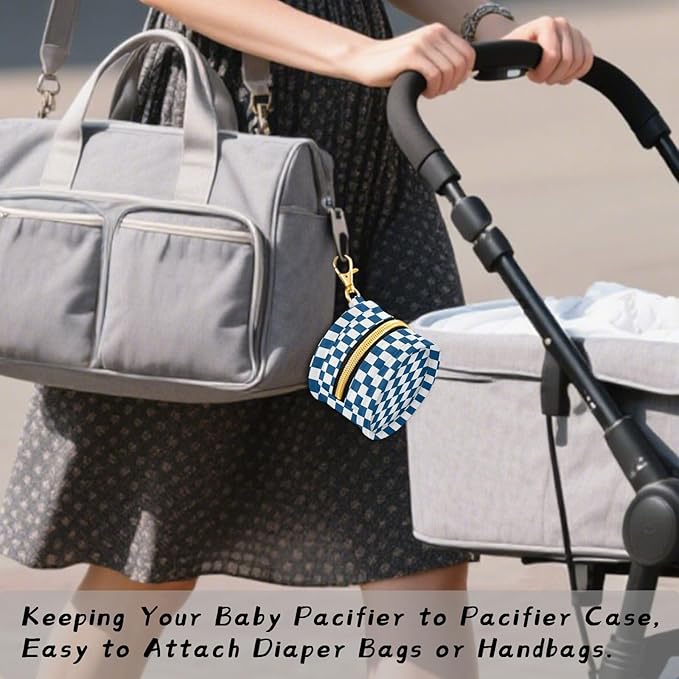 Checkered Plaid Dark Blue Pattern Pacifier Holder Case with Metal Clip Portable Pacifier Cover for Travel