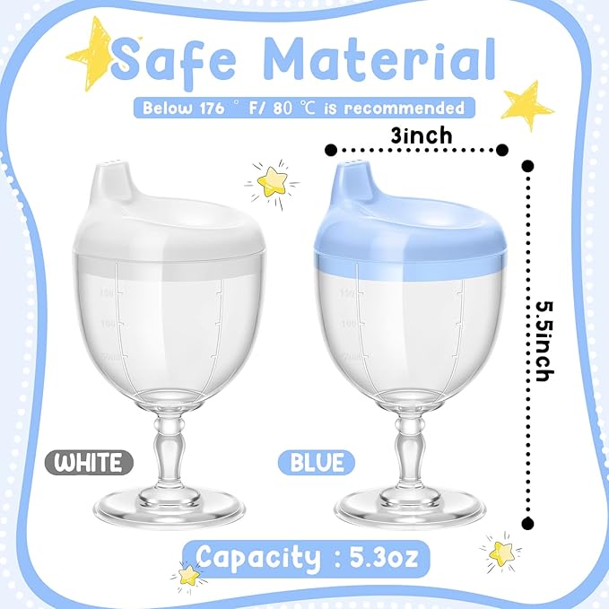 Irenare 2 Pcs Baby Wine Sippy Cup Plastic Goblet Cup No Spill Toddler Sippy Goblet Beverage Milk Water Bottle for Kids Holiday Birthday Party Funny Gift (Goblet Style,Blue,White)