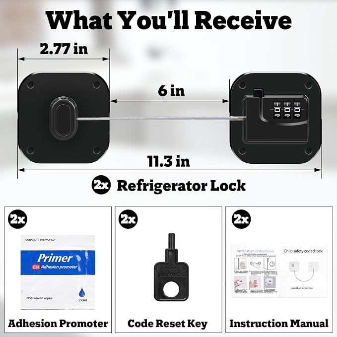 2 Pack Refrigerator Lock with Combination - Fridge Lock Child Proof Cabinet Locks with Adhesive for Freezer, Cabinets, Closet, Drawers, Keyless, Black