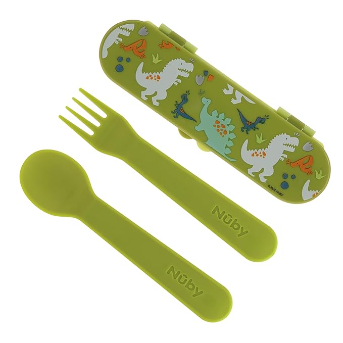 Nuby Toddler Utensils with Travel Case - Self-Feeding Fork & Spoon Set for Kids - Easy-to-Hold Training Utensils with Rounded Safe Edges for Independent Mealtime - Dinosaurs